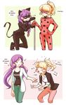 2koma :/ ;d adrien_agreste alternate_hairstyle ayase_eli black_bodysuit blush_stickers bodysuit braid buckle chat_noir chat_noir_(cosplay) comic commentary cosplay crazy_eyes cropped_legs crossover english english_commentary expressionless food friedbun grin heart highres ladybug_(character) ladybug_(character)_(cosplay) long_hair love_live! love_live!_school_idol_project low-tied_long_hair marinette_dupain-cheng mechanical_pencil miraculous_ladybug multiple_girls multiple_persona one_eye_closed open_mouth pencil pink_scrunchie pole ponytail role_reversal sandwich scrunchie single_braid smile standing stitched superhero teeth third-party_edit toujou_nozomi tsundere twintails 