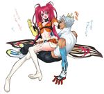  1boy 1girl bare_shoulders belt blue_eyes blush boots breasts cleavage dark_skin grey_hair long_hair loni_dunamis midriff nanaly_fletch navel open_mouth pants red_eyes red_hair short_hair short_shorts shorts tales_of_(series) tales_of_destiny_2 tattoo thigh_boots twintails 
