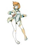  blue_eyes breasts competition_swimsuit full_body genzoman holding holding_poke_ball jacket kasumi_(pokemon) legs looking_at_viewer no_legwear one-piece_swimsuit orange_hair parted_lips poke_ball pokemon pokemon_(game) pokemon_hgss sandals short_hair sketch small_breasts smile solo standing swimsuit toes track_jacket 