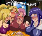  1boy 5girls artist_request blonde_hair blush breast_rest breasts brown_eyes brown_hair cleavage double_bun green_eyes haruno_sakura hood hoodie hyuuga_hinata large_breasts long_hair multiple_girls nail_polish naruto pink_hair ponytail purple_eyes purple_hair short_hair temari tenten uzumaki_naruto yamanaka_ino 