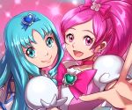  2girls :d bangs blue_hair bow choker cure_blossom cure_marine earrings hair_bow hair_ornament heart heart_hair_ornament heartcatch_precure! high_ponytail jewelry long_hair looking_at_viewer multiple_girls nyaasora open_mouth outstretched_arm parted_bangs pink_background pink_bow pink_eyes pink_hair precure shiny shiny_hair short_sleeves smile upper_body 