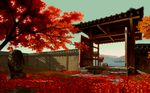  architecture artist_request autumn east_asian_architecture japan last_blade leaf no_humans pixel_art red_leaves scenery tree wallpaper 