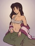  1girl black_hair breasts cleavage iahfy inuyasha japanese_clothes kimono looking_at_viewer parted_lips sango sarashi scar solo undressing 