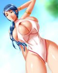  1girl 286c arm_band blue_hair bracelet breasts cleavage cleavage_cutout fire_emblem fire_emblem_if gold huge_breasts jewelry milf nipple_slip one-piece_swimsuit orange_eyes outdoors ponytail shiny simple_background sky smile solo swimsuit thick_thighs yuugiri_(fire_emblem_if) 