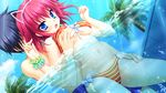  1boy 1girl :d areolae artist_request bikini blue_eyes blush breast_grab cat_ears character_request faceless faceless_male from_behind game_cg grabbing hanasaki_work_spring navel nipples open_mouth palm_tree partially_submerged pink_hair pool saga_planets smile soramori_wakaba source_request swimsuit water 
