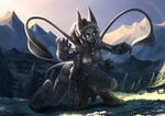  1girl animal_ears barbariank black_hair black_skin claws displacer_beast dungeons_and_dragons female monster_girl multiple_arms personification solo tail tentacle yellow_eyes 