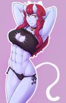  abs armpits arms_behind_head arms_up bell black_bra black_panties blue_oni blue_skin bra breasts cat_cutout cat_keyhole_bra cat_lingerie choker cleavage cleavage_cutout demon_girl female horns ittla jingle_bell large_breasts long_hair looking_at_viewer monster_girl navel oni panties red_hair smile solo standing toned underwear yellow_eyes 