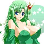  1girl :d bare_shoulders blue_eyes blush breasts cleavage collarbone detached_sleeves dress erect_nipples female final_fantasy final_fantasy_iv green_dress green_hair hair_between_eyes hair_ornament highres large_breasts long_hair looking_at_viewer neck nipple_slip open_mouth rydia shiny shiny_hair smile solo star star_background starry_background strapless strapless_dress upper_body womi 