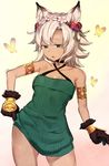  1girl animal_ears armlet armpits bare_shoulders breasts butterfly cat_ears cat_paws cleavage dark_skin feathers flower granblue_fantasy green_eyes hair_flower hair_ornament melleau open_mouth paws short_hair silver_hair simple_background solo thighhighs thighs 