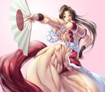  1girl abs breasts brown_eyes brown_hair erect_nipples extreme_muscles fan fatal_fury hair_ornament highres king_of_fighters knot large_breasts long_hair ponytail purukogi_(plasma_beach) rope shiranui_mai snk solo thick_thighs thighs 