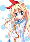 1girl blonde_hair blue_eyes blush female jyon1008 kirisaki_chitoge long_hair nisekoi ponytail ribbon school_uniform solo 