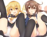  2girls absurdres bangs black_legwear black_skirt blonde_hair blush brown_eyes brown_hair eyebrows_visible_through_hair fumizuki_(kantai_collection) fuusuojisan hair_between_eyes highres kantai_collection long_hair long_sleeves looking_at_viewer low_twintails multiple_girls neckerchief open_mouth panties polka_dot polka_dot_background remodel_(kantai_collection) sailor_collar satsuki_(kantai_collection) school_uniform serafuku skirt striped striped_panties thighhighs thighs twintails underwear white_panties yellow_eyes yellow_neckwear 