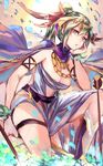  arrow artemis_(p&amp;d) blue_eyes breasts cape chin_rest cleavage flower green_hair highres jewelry large_breasts long_hair mi_bait necklace petals ponytail puzzle_&amp;_dragons solo 