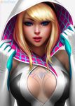  adjusting_clothes bangs bare_shoulders blonde_hair blue_eyes breasts cleavage_cutout commentary elbow_gloves eyelashes eyeliner eyeshadow gloves gwen_stacy hairband highres hood looking_at_viewer makeup marvel medium_breasts michelle_hoefener parted_lips signature skin_tight smile solo spider-gwen spider_tattoo spider_web_print superhero teeth upper_body 