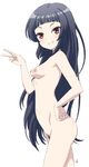  1girl areolae black_hair blush breasts female from_side girlfriend_(kari) grin hand_on_hip kurokawa_nagiko long_hair looking_at_viewer navel nipples nude pubic_hair red_eyes signature simple_background small_breasts smile solo v vzmk2 white_background 