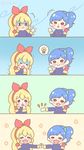  2girls :d aikatsu! aikatsu!_(series) artist_request blonde_hair blue_hair blush coat cold comic gloves hair_ribbon holding_hands hoshimiya_ichigo idea idol kiriya_aoi light_bulb long_hair mittens multiple_girls open_mouth ponytail ribbon scrunchie shaking side_ponytail silent_comic smile speech_bubble spoken_light_bulb trembling upper_body wind winter_clothes yuri 