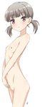  1girl blush breasts cowboy_shot female from_side girlfriend_(kari) grey_hair hand_on_own_stomach hands_together looking_at_viewer navel nipples nude open_mouth pubic_hair pussy red_eyes shigino_mutsumi short_hair short_twintails signature simple_background small_breasts solo triangle_mouth twintails uncensored vzmk2 white_background 