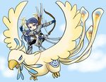  armor bird blue_hair bow fire_emblem fire_emblem_if lance outdoors polearm ponytail purple_eyes rubicho scar simple_background sky solo yuugiri_(fire_emblem_if) 