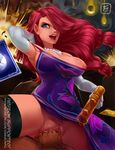  aiming_at_viewer alternate_costume areolae artist_name assertive clothed_sex cowgirl_position dragon_fu dress gun handgun league_of_legends looking_at_viewer nipple_slip nipples penis pussy red_hair sarah_fortune sex straddling uncensored vaginal weapon 