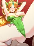  1girl areolae armpits arms_up bare_legs blonde_hair blue_eyes blush boots breasts breasts_outside cameltoe collar ebido highres large_breasts legs long_hair looking_down lying nipples on_back open_mouth riesz seiken_densetsu_3 shoulder_pads sleeveless solo spread_legs sweat tears thighs 
