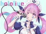  &gt;_o 1girl ;) ;p \m/ absurdres ahoge anchor_symbol bangs blue_background blue_hair blush braid copyright_name eyebrows_visible_through_hair eyes_visible_through_hair french_braid fuji_dorokai highres holding holding_microphone hololive long_hair looking_at_viewer maid_headdress microphone minato_aqua multicolored_hair one_eye_closed puffy_short_sleeves puffy_sleeves purple_eyes purple_hair short_sleeves smile solo tongue tongue_out twintails two-tone_hair upper_body v v_over_mouth virtual_youtuber wrist_cuffs 