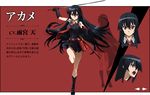  1girl akame akame_ga_kill! akame_ga_kill!_character_sheet black_hair character_sheet long_hair necktie official_art red_eyes red_necktie simple_background skirt solo sword 