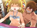  1boy 1girl blonde_hair breasts brown_hair evil_smile eyes_closed forced hair_ornament hand_on_head head_grab heavy_breathing muscle nipples o-ring_top open_mouth patricia_friday patty_the_summer rance rance_(series) rance_01 rape sex short_hair small_breasts smile two_side_up water wet 