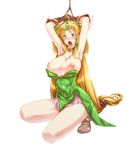  1girl areolae armpits arms_up blonde_hair blue_eyes blush boots breasts breasts_outside collar collarbone ebido embarrassed feet highres huge_breasts kneeling legs long_hair looking_at_viewer nipples open_mouth riesz rope seiken_densetsu_3 shoulder_pads simple_background solo tears thighs tied_up very_long_hair white_background 