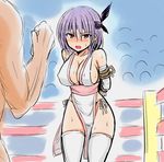  1girl arms_behind_back ayane_(doa) breasts cleavage dead_or_alive hashimura_aoki headband kasumi_(doa)_(cosplay) large_breasts ninja purple_hair red_eyes restrained rope short_hair sideboob sweat thighhighs wrestling_ring 