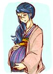  1girl blue_hair fire_emblem fire_emblem_if ponytail pregnant purple_eyes scar simple_background smile solo source_request yukata yuugiri_(fire_emblem_if) 