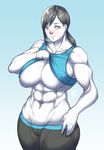 1girl abs black_hair breasts grey_eyes grey_hair highres huge_breasts large_breasts long_hair looking_at_viewer muscle natedecock navel nintendo pale_skin ponytail shirt shirt_lift smile solo stomach super_smash_bros. sweat tank_top toned underboob white_skin wii_fit wii_fit_trainer yoga_pants 