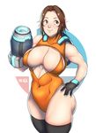  1girl alternate_costume arm_cannon breasts brown_hair cleavage cleavage_cutout curvy gloves grey_eyes hands_on_hips large_breasts leotard mii_(nintendo) natedecock smile solo standing super_smash_bros. thick_thighs thighhighs weapon 