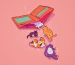  animal artist_name black_cat cat lying meyoco no_humans on_back orange_cat original pink_background shadow simple_background sparkle tail undersized_animal walking wallet white_cat 