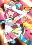  armpits delphox elbow_gloves elle_(pokemon) gloves hainchu happy nintendo pink_eyes pink_hair pokemon smile 