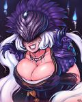  breast_lift breast_squeeze breasts cleavage covered_eyes gloves grin headdress highres jewelry large_breasts lipstick makeup mega_milk necklace nox_(smite) parody randomboobguy short_hair_with_long_locks shoulder_pads smile smite solo white_hair 