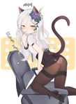  animal_ears ass blade_&amp;_soul blush cat_ears cat_tail chair english hair_between_eyes kneeling korean long_hair looking_at_viewer lyn_(blade_&amp;_soul) middle_finger panties panties_under_pantyhose pantyhose solo tail thighband_pantyhose tsuka underwear wavy_hair yellow_eyes 