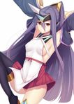  1girl arc_system_works armpits blazblue blazblue:_central_fiction breasts daiaru detached_sleeves erect_nipples hades_izanami long_hair looking_at_viewer mikado_(blazblue) purple_hair red_eyes red_skirt skirt solo thighhighs very_long_hair 