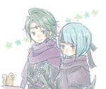  1boy 1girl armor belka_(fire_emblem_if) blue_hair blush breasts cloak fire_emblem fire_emblem_if gauntlets green_eyes green_hair headband heart purple_eyes scarf short_hair smile squirrel suzukaze_(fire_emblem_if) 