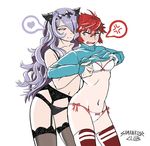  assisted_exposure blush bra breasts camilla_(fire_emblem_if) cleavage commentary fire_emblem fire_emblem_if garter_straps hair_over_one_eye hinoka_(fire_emblem_if) lingerie long_hair medium_breasts multiple_girls purple_eyes purple_hair red_eyes red_hair samanator_club short_hair smile thighhighs underwear yuri 