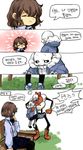  5koma :3 alternate_costume androgynous armor bad_id bad_twitter_id bench black_sclera blush boots brothers brown_hair closed_eyes collared_shirt comic frisk_(undertale) grass grin highres hood hoodie korean koyashaka mittens multiple_boys open_mouth papyrus_(undertale) ribbon sans scarf shirt shoes shorts shouting siblings sitting skeleton skirt skull slippers smile speech_bubble surprised suspenders talking teeth translated turtleneck undertale white_eyes 