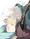  1boy 1girl armor belka_(fire_emblem_if) blue_hair blush cloak eyepatch eyes_closed fire_emblem fire_emblem_if gauntlets headband kiss short_hair tongue white_hair 