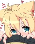  1boy 1girl animal_ears black_pants blonde_hair blue_eyes blush bulge cat_ears close-up eyebrows_visible_through_hair face gj-bu hair_between_eyes hair_flaps heart imminent_fellatio kirara_bernstein kuro_mushi looking_at_viewer nose_blush pants pov short_hair solo_focus sweat trembling 