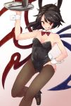  1girl alternate_costume animal_ears arm_up asymmetrical_wings bare_arms bare_shoulders black_footwear black_hair black_legwear blue_wings bottle bow bowtie breasts bunny_ears bunny_girl bunny_tail bunnysuit cleavage commentary_request cup detached_collar drinking_glass fake_animal_ears fake_tail feet_out_of_frame fishnet_pantyhose fishnets gradient gradient_background grin groin hand_on_hip high_heels holding holding_tray houjuu_nue looking_at_viewer pantyhose pink_background red_bow red_eyes red_neckwear red_wings short_hair small_breasts smile solo tail touhou tray urin v-shaped_eyebrows white_background wine_glass wings wrist_cuffs 