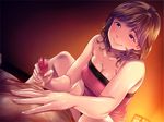  1girl bare_arms bare_shoulders blush breasts brown_hair bubuzuke censored cleavage clothed_female_nude_male game_cg handjob highres large_breasts legs light_smile looking_down mosaic_censoring penis purple_eyes relaxation_yuka_you:_hitozuma_therapist-tachi_ni_yoru_iyashi_no_jikan short_hair sitting sleeveless solo_focus strapless thighs 