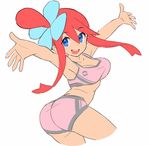  1girl :d \o/ arched_back arms_up ass blue_eyes bra breasts fuuro_(pokemon) gym_leader hair_ornament large_breasts long_hair looking_at_viewer one_side_up open_mouth outstretched_arm outstretched_arms outstretched_hand panties pink_bra pink_panties poke_ball pokeball_symbol pokemon pokemon_(game) pokemon_bw red_hair saitou_naoki simple_background sketch smile solo sports_bra underwear underwear_only white_background 