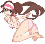  1girl aqua_eyes ass bra breasts brown_hair checkered checkered_bra checkered_panties double_bun long_hair looking_at_viewer mei_(pokemon) open_mouth panties pink_bra pink_panties pokemon pokemon_(game) pokemon_bw2 saitou_naoki simple_background sketch smile solo twintails underwear underwear_only very_long_hair visor_cap white_background 