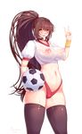  1girl areolae ball blush breasts brown_hair cameltoe curvy erect_nipples genderswap gym_clothes huge_breasts iri-neko kyon kyonko large_breasts long_hair looking_at_viewer midriff navel nipples open_mouth ponytail puffy_nipples see-through shirt soccer_ball solo standing suzumiya_haruhi_no_yuuutsu sweat thick_thighs thighhighs v very_long_hair wet_clothes wide_hips yellow_eyes 