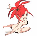  1girl ass asuna_(pokemon) black_bra black_panties bra breasts frilled_bra frills gym_leader large_breasts long_hair outstretched_arm outstretched_hand panties pokemon pokemon_(game) ponytail red_eyes red_hair saitou_naoki simple_background sketch smile solo underwear underwear_only white_background 