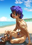  1girl arm_support bikini_tan blush breasts cloud clouds earrings female fushigi_no_umi_no_nadia happy jewelry looking_at_viewer nadia nipples nude open_mouth outdoors petite purple_hair pussy sandals short_hair sitting sky small_breasts smile solo tan tanline 