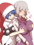  2girls :3 bangs black_capelet blue_eyes blue_hair blush bow bowtie braid breast_grab breasts capelet clenched_hand commentary_request cowboy_shot doremy_sweet dress eyebrows_visible_through_hair french_braid grabbing grabbing_from_behind grey_jacket hand_to_own_mouth hand_up hat jacket kishin_sagume large_breasts long_sleeves looking_at_another multiple_girls nightcap open_clothes open_jacket parted_lips pom_pom_(clothes) purple_dress red_eyes red_hat red_neckwear short_hair silver_hair simple_background smile standing touhou turtleneck urin white_dress wing_collar yuri 